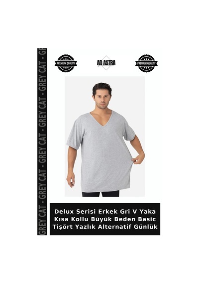 Grey Cat Delux Serisi Erkek Gri V Yaka Kısa Kollu Büyük Beden Basic Tişört Yazlık Alternatif Günlük