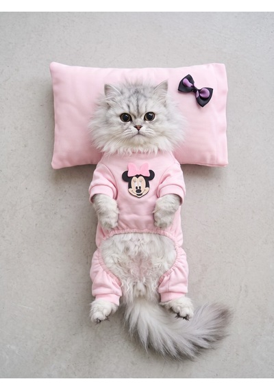 Pinkie Mouse Kedi Uyku Seti Pembe Kalın Penye Kedi Tulumu Ve Kurdele Detaylı Mini Yastık 2 Parça