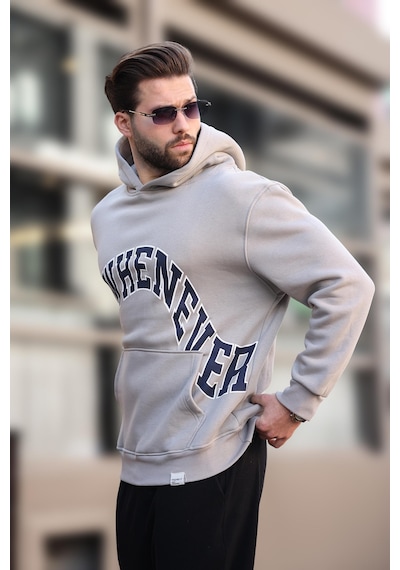 Madmext Boyalı Gri Kapüşonlu Baskılı Cep Detaylı Erkek Sweatshirt E7065 Boyalı Gri