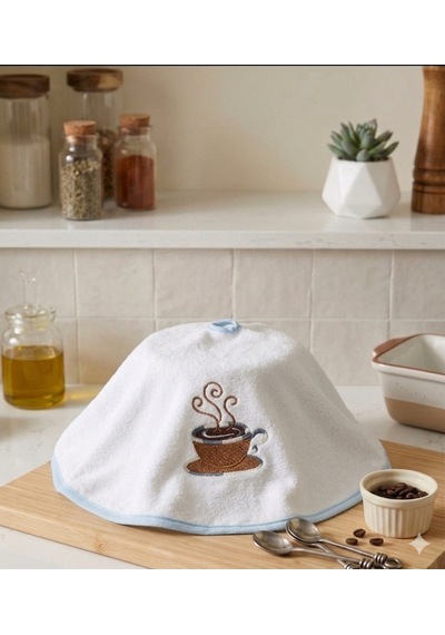 %100 Pamuk Yuvarlak Mutfak Havlusu 50 Cm 2 Li Set Yüksek Emicilik, Askı Halkalı, Nakışlı Şık Tasarım, Makinede Yıkanabilir Kurulama Bezi Beyaz