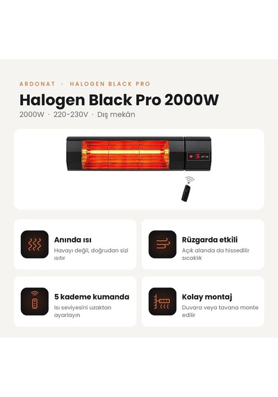 Tr Halogen Black Pro 2000w Elektrikli Halojen Infrared Dış Mekan Isıtıcı, 5 Kademeli Uzaktan Kumandalı, Siyah Alü