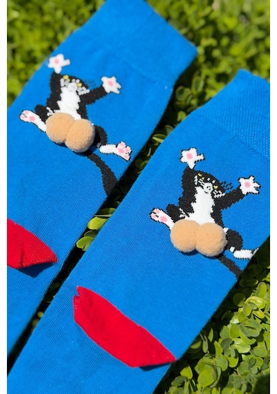 Lousocks Unisex Lacivert Sırtüstü Kedi Desenli Ponpon Soket Çorap