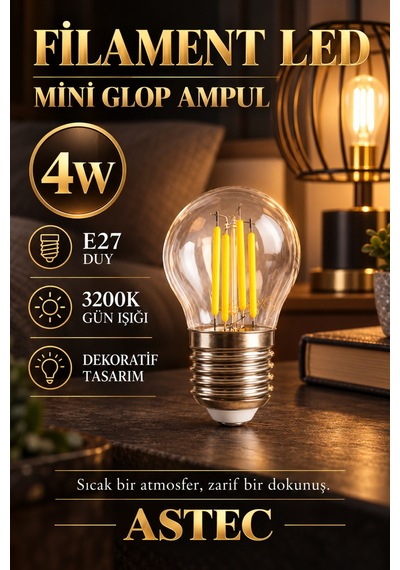Astec E27 Mini 4 Watt Glop Gün Işığı Ampul Dekoratif Gün Işığı 3200k Filament Led