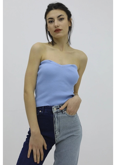 Kadın Modern Stil Likralı Triko Mavi - P-019895 Büstiyer Çok Renkli