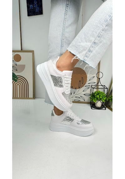 Günlük Kadın Sneaker Bağcıklı Hafif Kalın Yüksek Tabanlı Yürüyüş Nefes Alan Spor Ayakkabı 451 Simli - Beyaz