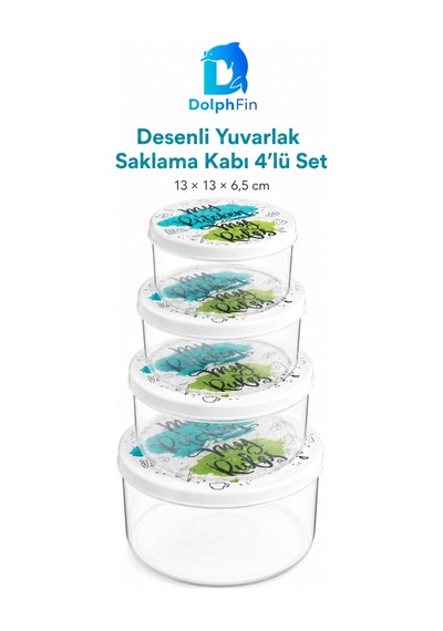 Desenli Yuvarlak Saklama Kabı 4'lü Set Siyah 13 13 6,5 Cm