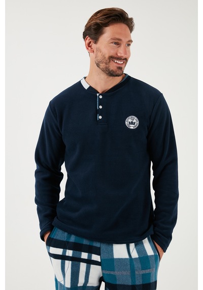 Buratti Ekoseli Regular Fit Düğmeli Bisiklet Yaka Kışlık Polar Erkek Pijama Takımı 60961008 Lacivert