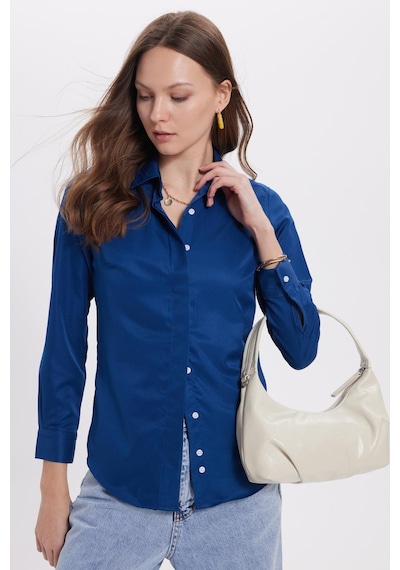 Tudors Kadın Slim Fit Dar Kesim Vucüda Oturan Uzun Kollu Gizli Düğme Detaylı Lacivert Basic Gömlek-36981 Lacıvert