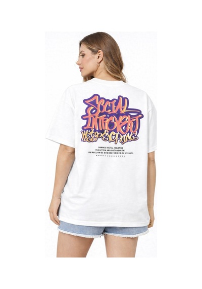Herkesemoda Graffitti Yazı Detaylı Basic T-shirt Beyaz