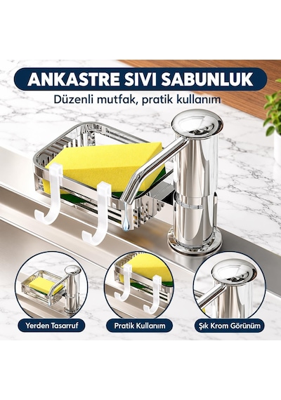 Ankastre Sıvı Sabunluk Pompası Süngerlikli Uzun Hortumlu Krom Mutfak Sabun Dispenseri Gümüş