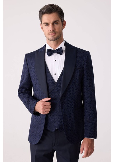 Ysf Erkek Lacivert Damatlık Slim Fit Kırlangıç Yaka Desenli