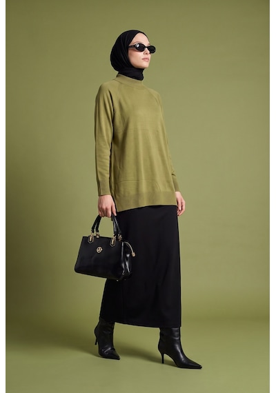 Armine Trend Bisiklet Yaka Uzun Kollu Sade Rahat Kesim Tunik Yağ Yeşili 26ktd419