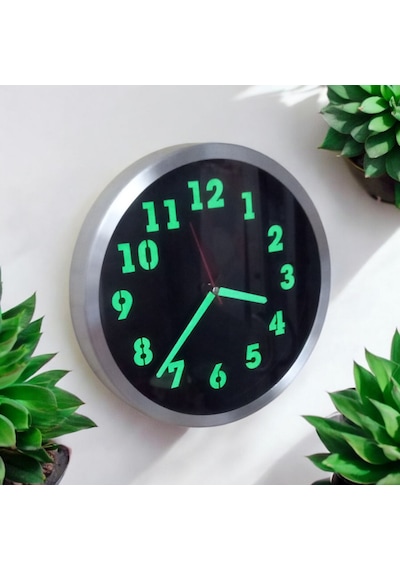 Fosforlu Metal Çerçeveli Duvar Saati 30 Cm Siyah