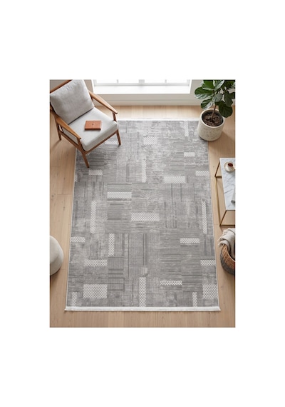 Merinos Vista %100 Akrilik Gri Geometrik Desenli Kesme Halı Yolluk Antre Koridor Salon Halısı 79297-95
