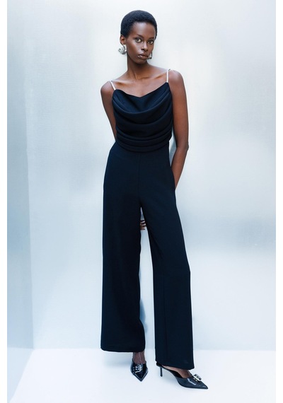 Moda İlgi Kadın Drape Detaylı Askılı Tulum M06657 Siyah Siyah