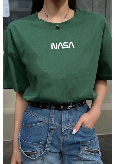 Unisex Nasa Baskılı T-shirt Yeşil
