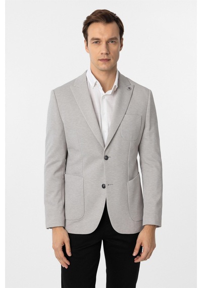 Süvari Gri Slim Fit Armürlü Sivri Yaka 6 Drop Ceket