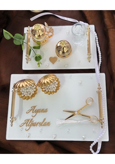 Bonding Gold Beyaz İncili Söz Tepsisi Nişan Tepsisi Ve Damat Kahve Fincan Tepsisi Mor Mor