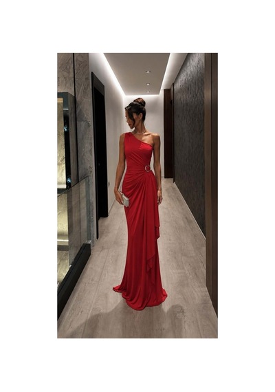 DefyModa Kadın Modern Stil Tek Omuz Kemerli Maxi Abiye Elbise Kırmızı
