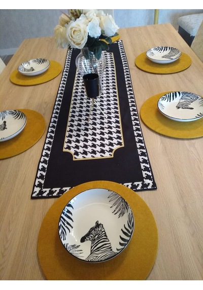 Ayşemce Amerikan Servis Takım, Siyah-beyaz Kaz Ayağı Pano Desen Runner, 6 Sarı Supla A-home216 Diğer