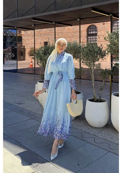 Riella Butik Çiçek Desenli Tesettür Elbise Mavi