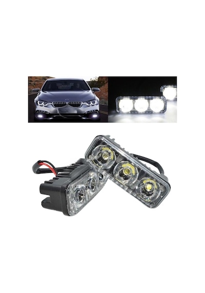 Drl 3 Led 12V Su Geçirmez Metal Mercekli Araba Motosiklet Gündüz Led Farı Beyaz 2 Adet