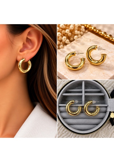 Premium Parlak Ve Şık Gold Renk Kalın Açık Halka 316l Çelik Kadın Küpe Altın