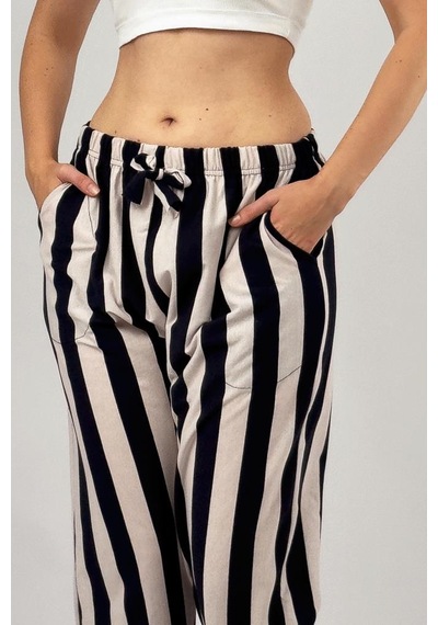 Kadın Cepli Pamuklu Lastikli Bel Kurdeleli Desenli Pijama Altı Lacivert
