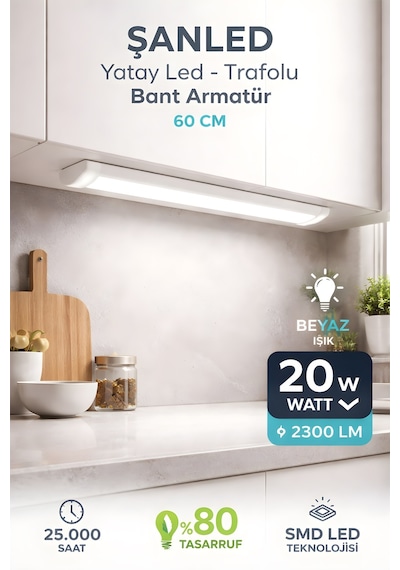 60 Cm 20 Watt Yatay Led Bant Armatür-trafolu Beyaz Işık-2 Adettir Beyaz