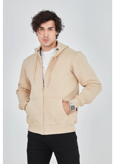 Erkek 3 İplik Pamuklu Fermuarlı Kapüşonlu Kanguru Cepli Hoodie Hırka Sweatshirt -bej