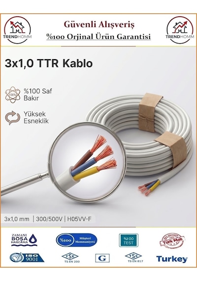Öznur 3x1 Ttr Elektrik Kablosu - Beyaz - %100 Bakır - 8 Metre