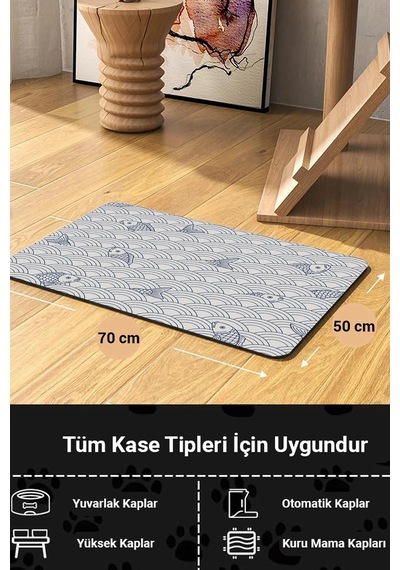 Matgo Pati Kedi Köpek Beslenme Matı 50x70cm Su Geçirmez Mama Kabı Altlığı Paspası Mavi Koi Dalgaları