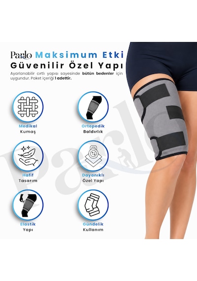Ayarlanabilir Üst Baldırlık Cırtlı Neopren Uyluk Desteği, Sağ-sol Uyumlu Standart Beden Spor Ve Günlük Kullanım Gri