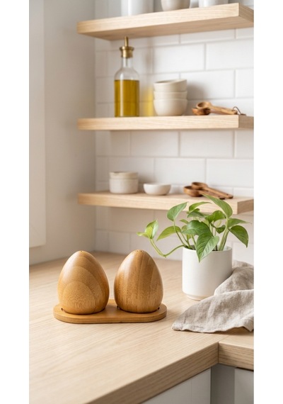 Makri Home Bambu Tuzluk & Karabiberlik Seti, Damla Tasarım, Stantlı Doğal Bambu Baharatlık Diğer