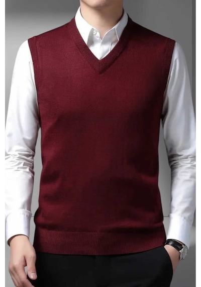 Tezzgelsin Erkek V Yaka Triko Tüylenmez Süveter Erkek Slim Fit Süveter Bordo
