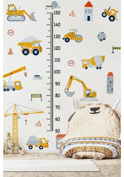 İş Makinaları Temalı Boy Cetvelli Çocuk Bebek Odası Sticker Seti Boy Cetveli İş Makinalı Sticker Dijital Baskı