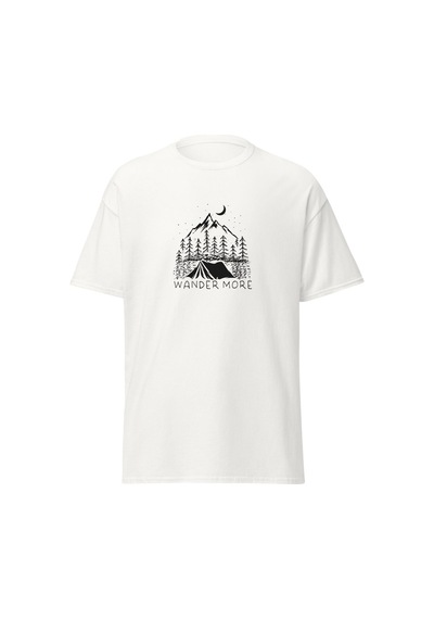 Wildstyle Wander More Gezgin Dağ Kamp Çadır Doğa Baskılı Unisex Pamuklu Tişört Beyaz