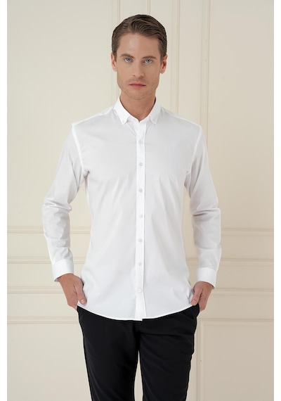 Efor Slim Fit Düğmeli Yaka Esnek Klasik Beyaz Gömlek Gk 746 Beyaz