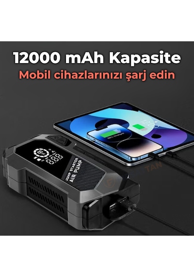 Q18 Jump Starter Akü Takviye Cihazı Hava Kompresörlü Powerbank 12000 Mah 4'ü 1 Arada