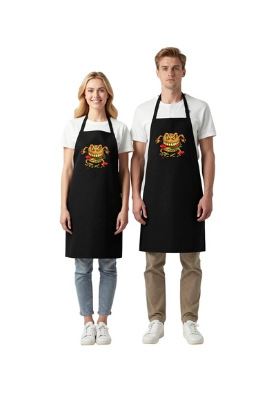 Unisex Mutfak Önlüğü Şeytani Burger Canavarı Baskılı Dtf Dijital Siyah