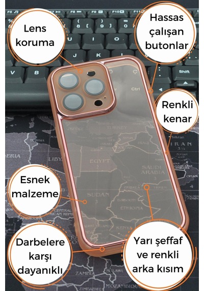 Apple Uyumlu iPhone 13 Pro Max Uyumlu Pembe Kenarlı Renkli Yarı Şeffaf Kapak Kılıf Kamera Lens Korumalı Pembe -
