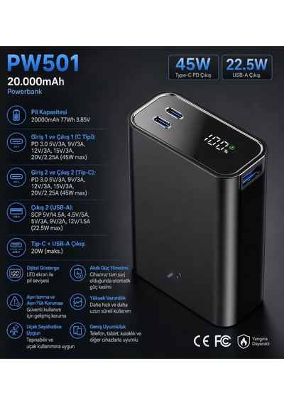 Tr Pw501 20.000 Mah 45w Pd Çift Type-c + 22.5w Usb Çıkışlı Dijital Göstergeli Hızlı Şarj Powerbank-beyaz
