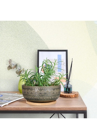 Tr İç Mekan Bitkileri İçin 20,5 Cm Seramik Sukulent Saksıları Yuvarlak Sığ Bonsai Saksı Drenaj Ve Bambu Tabağı Genel