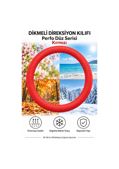 Trobus Opel Mokka 2021-2025 Uyumlu Dikmeli Direksiyon Kılıfı Perfo Düz Delikli Deri Kırmızı