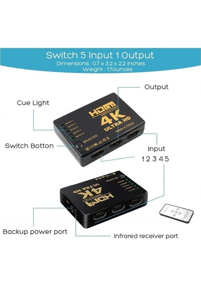 5 Port Hdmi Switch UHD Aktif Çoklayıcı HDMI Çoğaltıcı 4K IR Göz