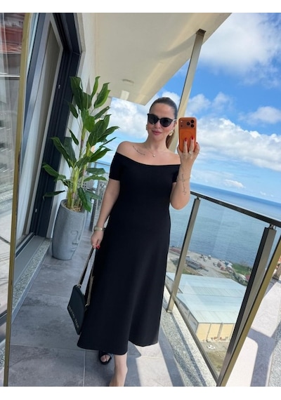 De'charme Kadın Madonna Yaka Midi Boy Modal Elbise Siyah