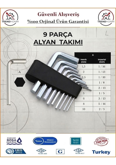 Kendo Alyan Anahtar Takımı - Allen Anahtar Seti - 9 Parça
