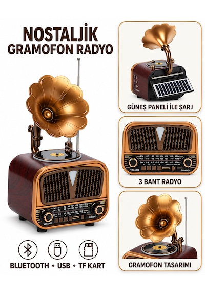 Nostaljik Gramofon Tasarımlı Radyo Bluetooth, Usb, Tf Kart, 3 Bant Ve Solar Şarjlı