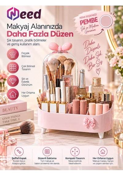Need Şeffaf Kapaklı Toz Korumalı Fırçalık Bölmeli Makyaj Organizeri Kozmetik Düzenleyici Pembe Nd-8069-pnk