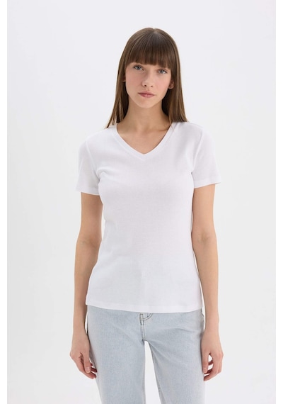 DeFacto 	Slim Fit Dar Kesim V Yaka Ribana Basic Düz Kısa Kollu Beyaz Tişört I1080AZ25SPWT34